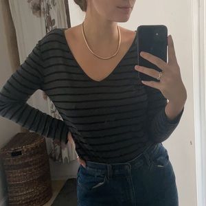 GAP Gray and Black Striped Long Sleeve V Neck Top